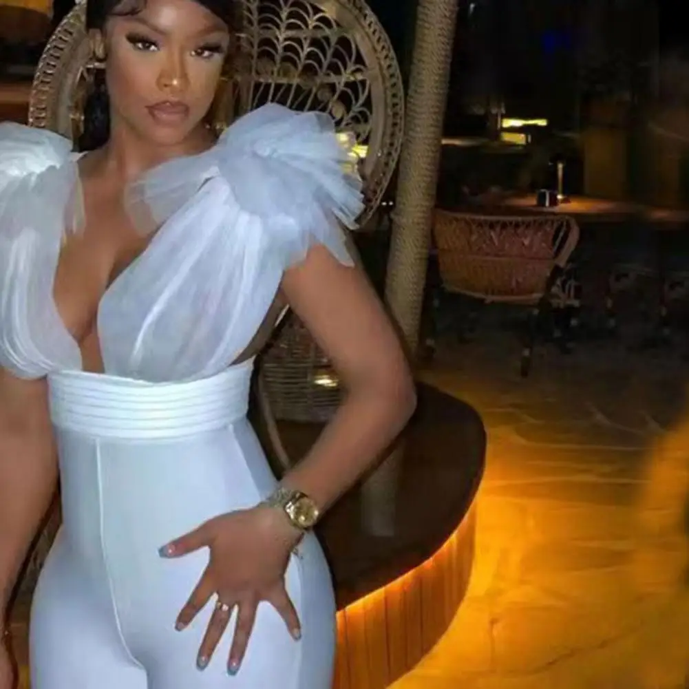 

Solid Color Gorgeous Mesh Ankle Length Party Jumpsuit See-through Banquet Jumpsuit Slim Fit Lady Garment