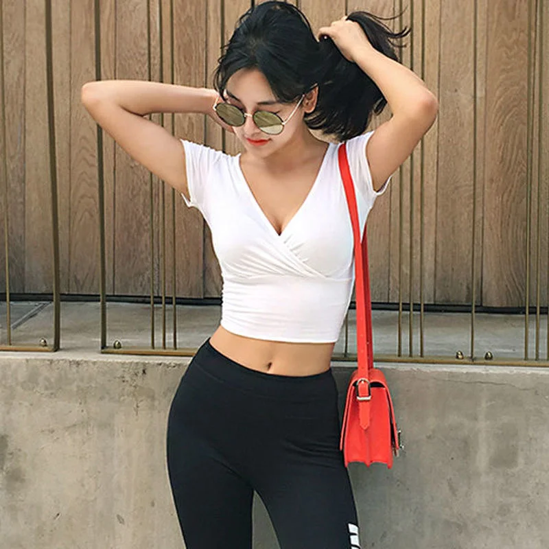 

Summer Fashion Solid V Neck T Shirts Women Short Sleeve Sexy Crop Tops Ladies Casual Tees Top Tees Female Black T-Shirts