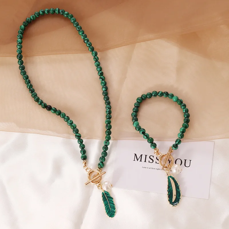 

European and American personality retro fashion imitation malachite leaves pearl oil drop necklace, bracelet
