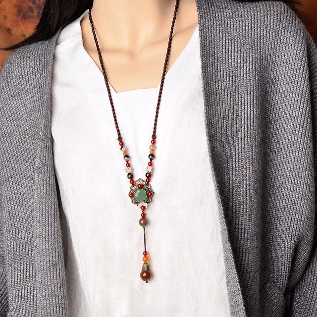 

Fashion Bohemian Ethnic Style Agate Beads Necklace Women Turquoise Stone Necklace Jewelry Vintage Wax Rope Knitted Sweater Chain