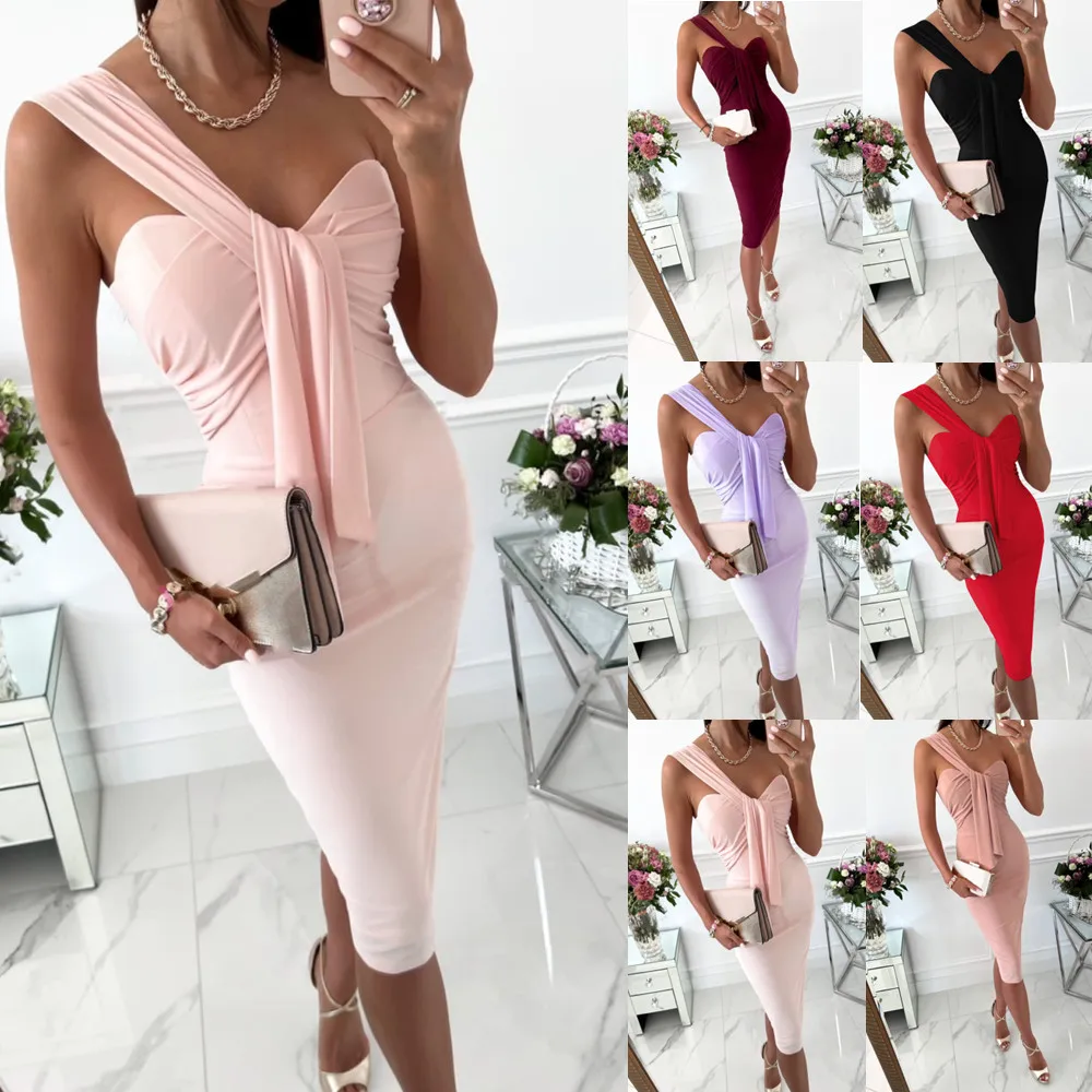 

Elegant Midi Dress Bodycon Sexy Women's 2022 Summer Suspenders Tube Top V-neck Straps Party Dresses S-XXL