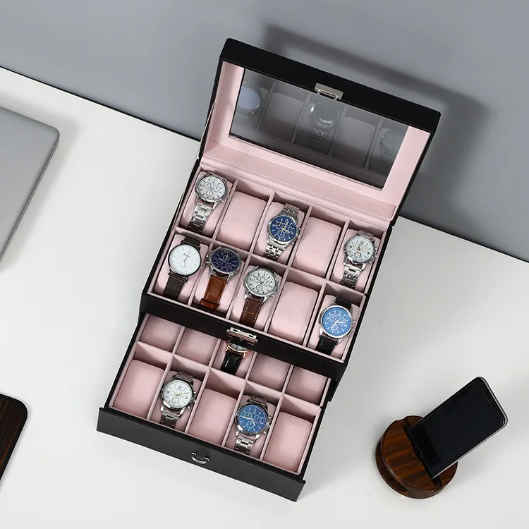 

20 Grids Double Layer Watch Box PU Leather Watch Case Boxes Organizer With Lock for Women Men Watch