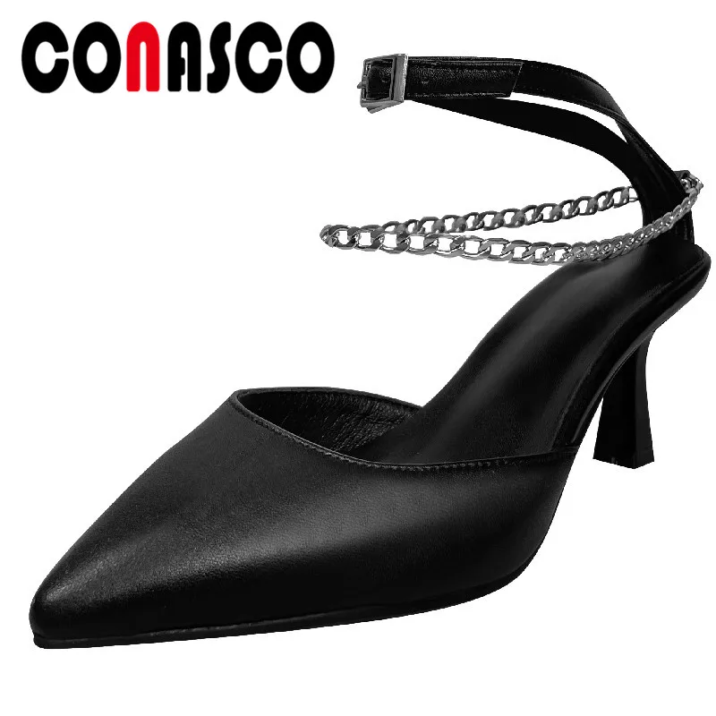 

Сандалии CONASCO женские на тонком каблуке, пикантная модная обувь из натуральной кожи с острым носком, ремешком на щиколотке и цепочкой, весна-лето