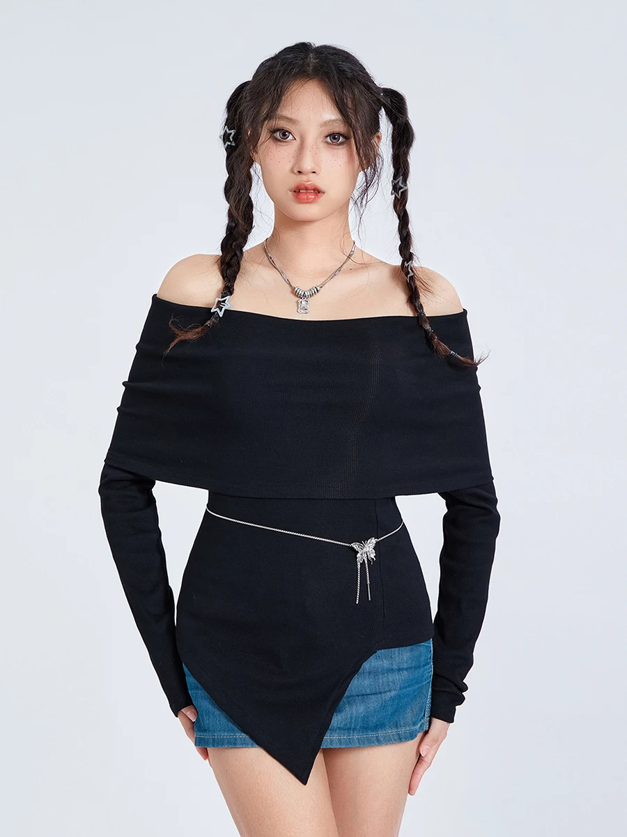 

Y2K Women Spring Fall Off Shoulder Ruched Tops Black Irregular Hem Long Sleeve Tight Shirt for Teen Daily Going Out