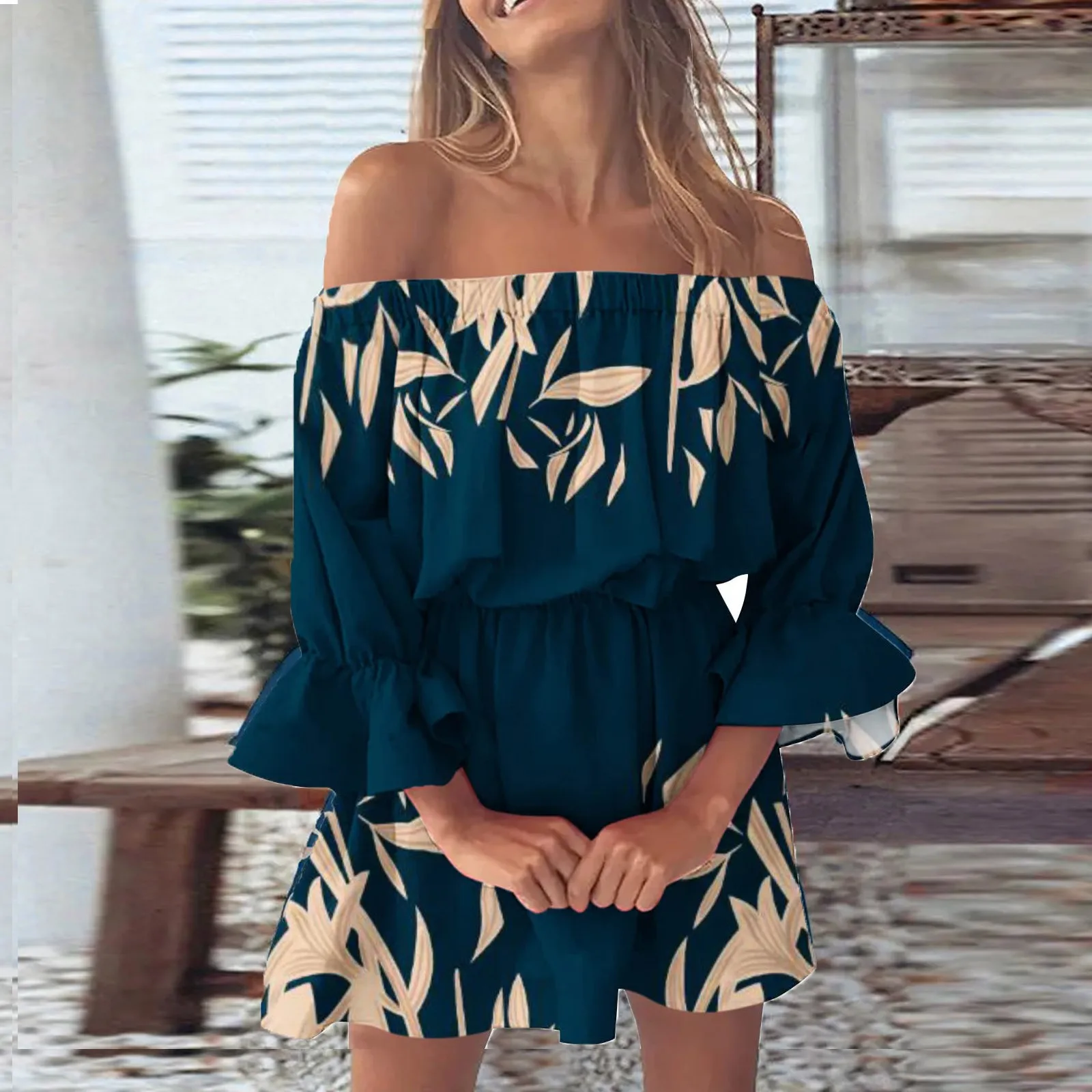 

Summer Casual Women Half Flare Sleeve Party Dress Printing Slash Neck Ladies Mini Dress Sweet Sexy Holiday Streetwear Vestidos