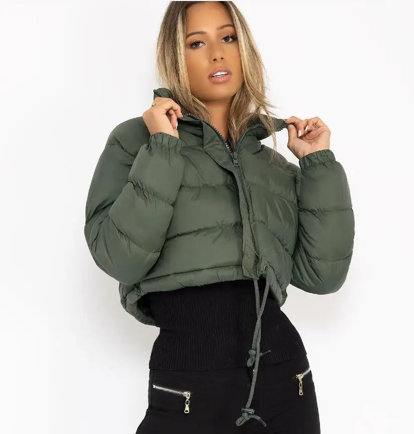 Winter Jacket For Women Warm Solid Color Zipper Crop Top Jacket Stand Collar Parkas Cotton Coat Bread Jacket Free Shipping