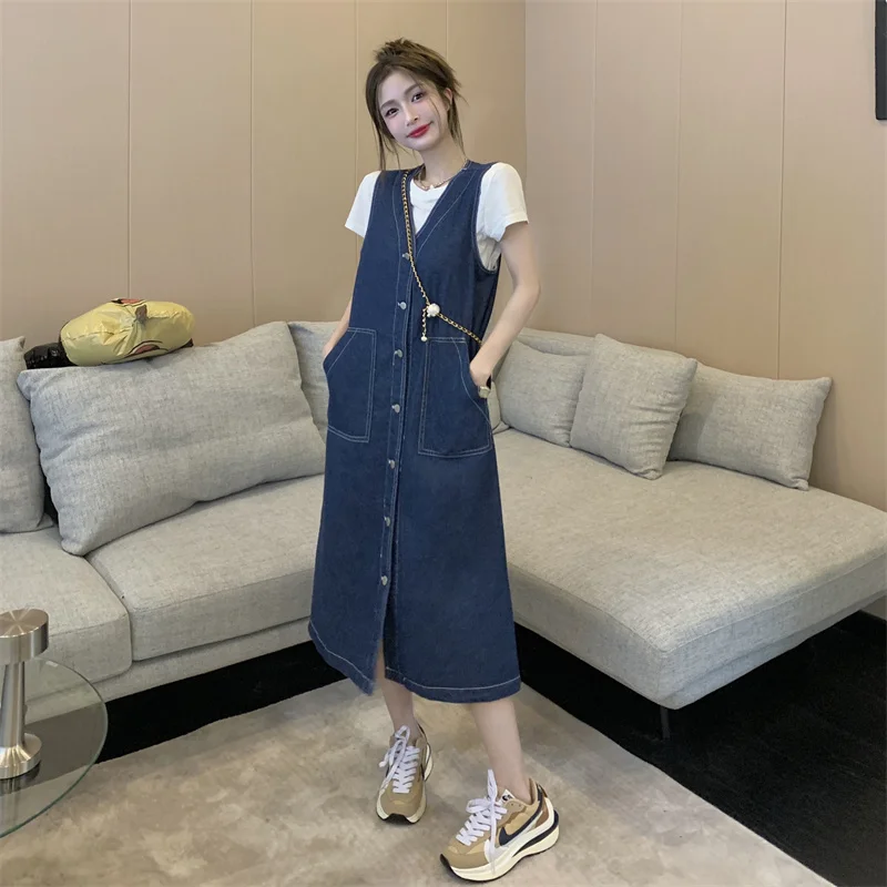 

Simple Fashion Casual French Retro 2023 Summer Loose Temperament Sweet All-match Slimming Blue Long Denim Suspender Dress Z489