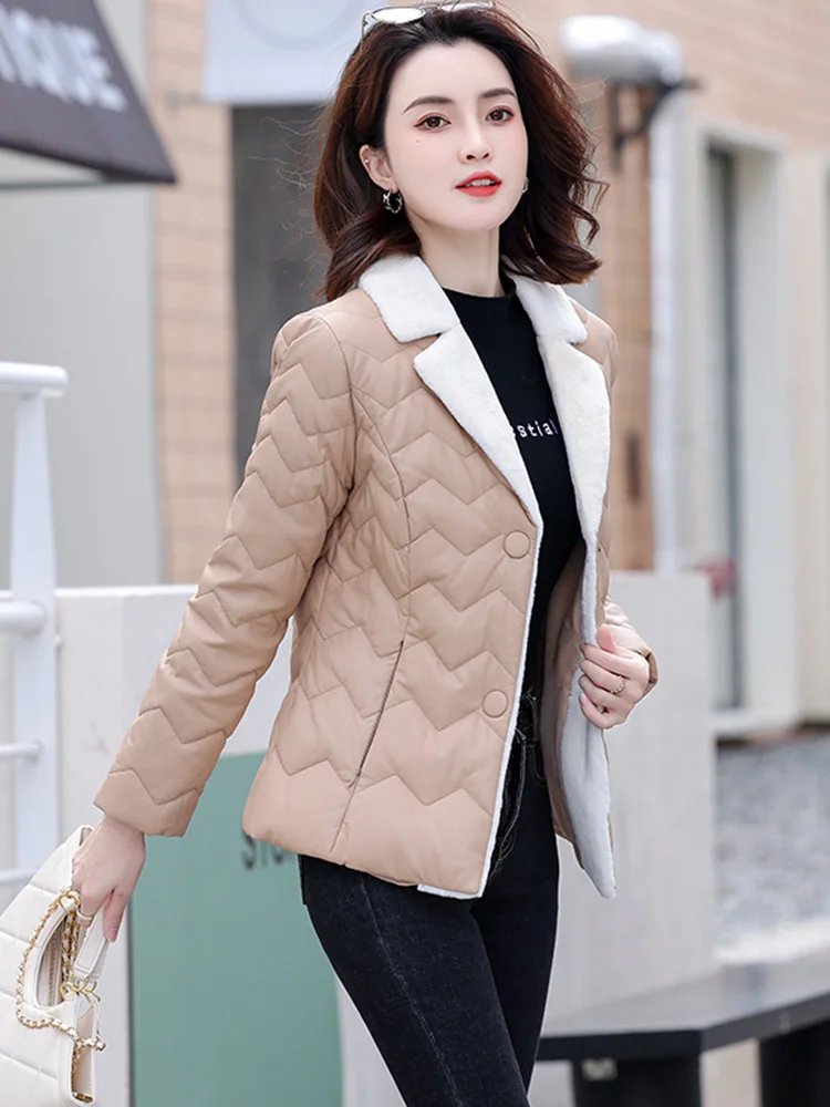 New Women Short Leather Down Coat Autumn Winter Casual Fashion Lamb Wool Turn-down Collar Slim Thicken Sheepskin Down Jacket