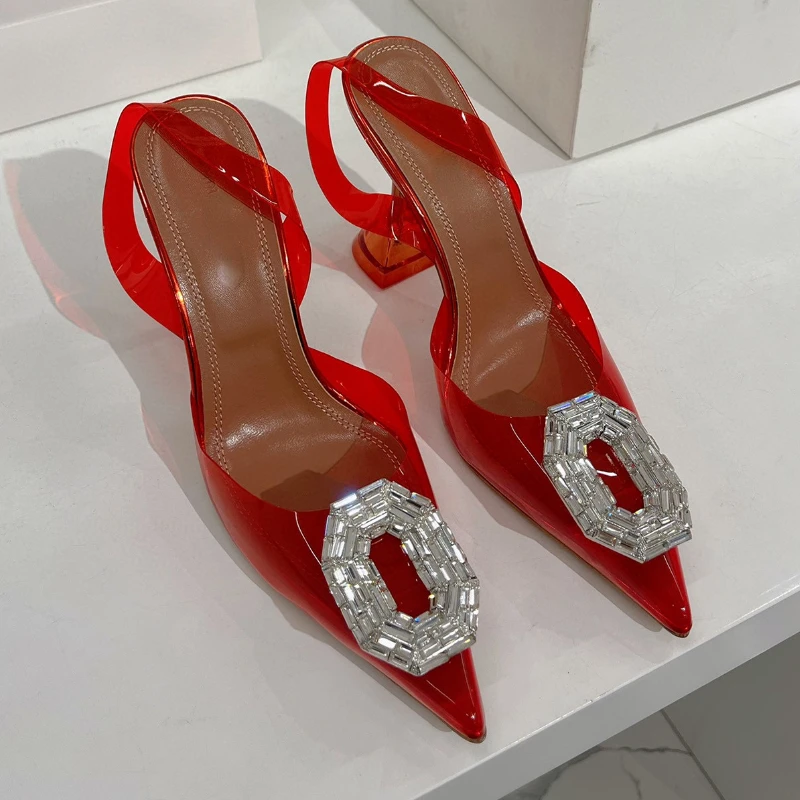 Women's pointed sandals 2023 spring and summer new style rhinestone square buckle high heels fashion banquet Baotou muller shoes