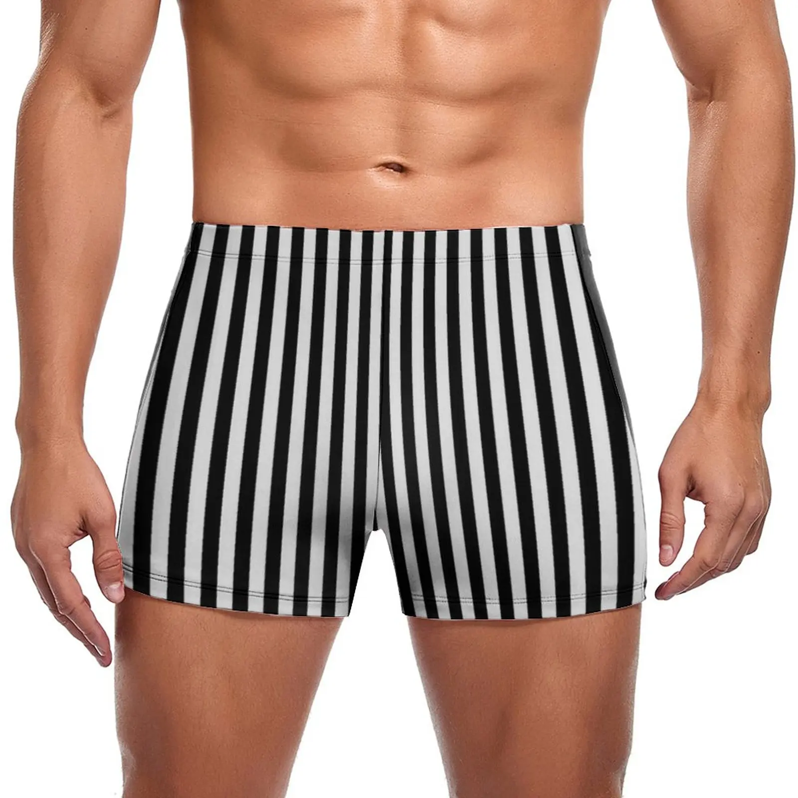 

Black White Striped Swimming Trunks Vertical Stripes Print Stay-in-Shape Swim Boxers Beach Large Size Men Swimsuit