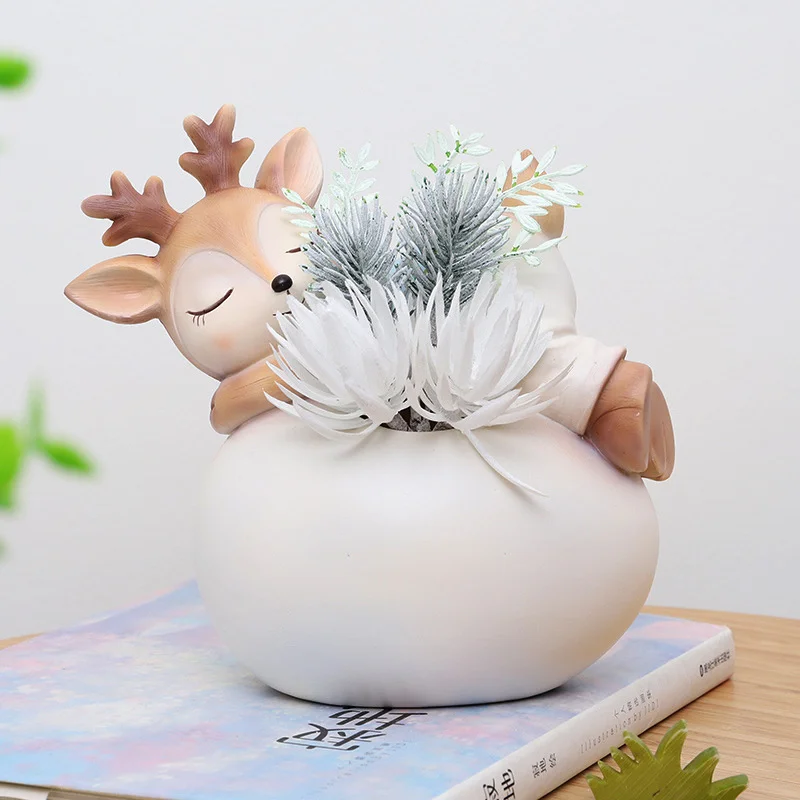 

Sika Resin Deer Cute Pots Nordic Creative Modern Home Decoration Accessories Office Study Desktop Ornament Animal Vase