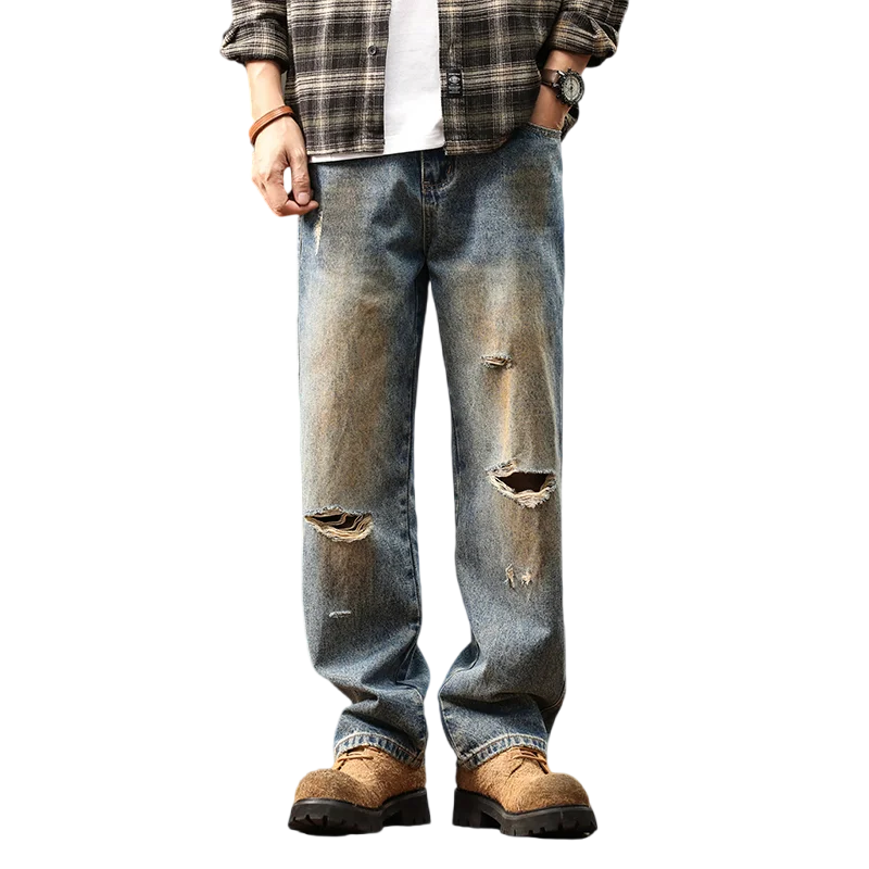 Осень и зима новинка 2024 винтажные рваные джинсы чтобы сделать старые модные