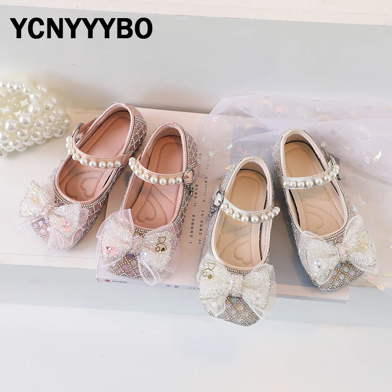 

Детские туфли принцессы, брендовые туфли с жемчугом на плоской подошве, детская обувь с бантом для малышей, серебристые классические туфли, Милая Мэри Джейн, новинка на осень