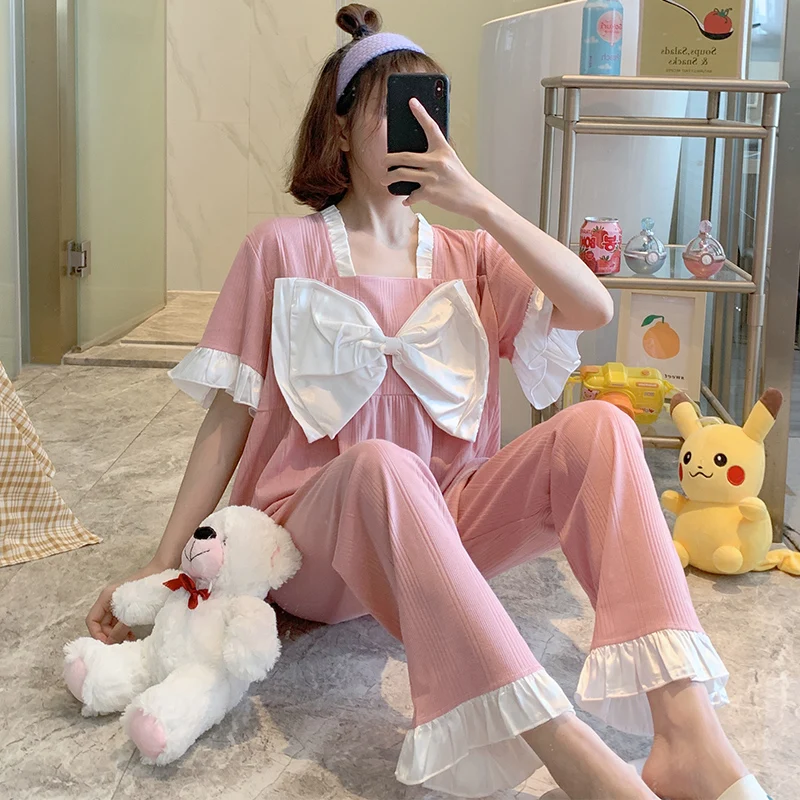 

Harajpee Women Pajamas 2022 Summer Japanese Sweet Temperament Princess Style Bow Decorated Square Collar Long Trousers Suits