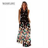 wayoflove women vintage loose dress summer casual beach v neck sleeveless elegant vestidos black floral print maxi dresses party