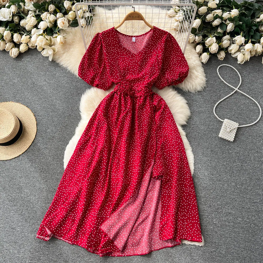 

Женское винтажное платье в горошек, длинное платье с V-образным вырезом, элегантная пляжная туника во французском стиле, летнее праздничное ...