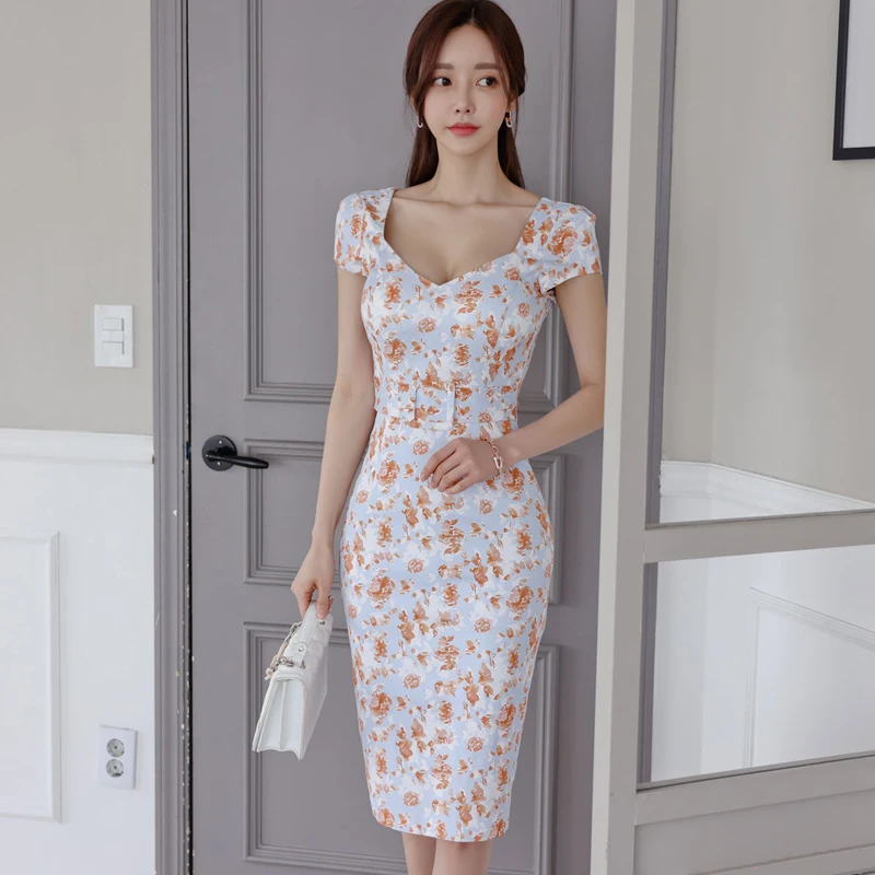 

Women Summer Elegant Flowers V-Neck Slim Waist Pencil Dress Fashion Sexy OL Work Bodycon Dresses Office Business Vestidos