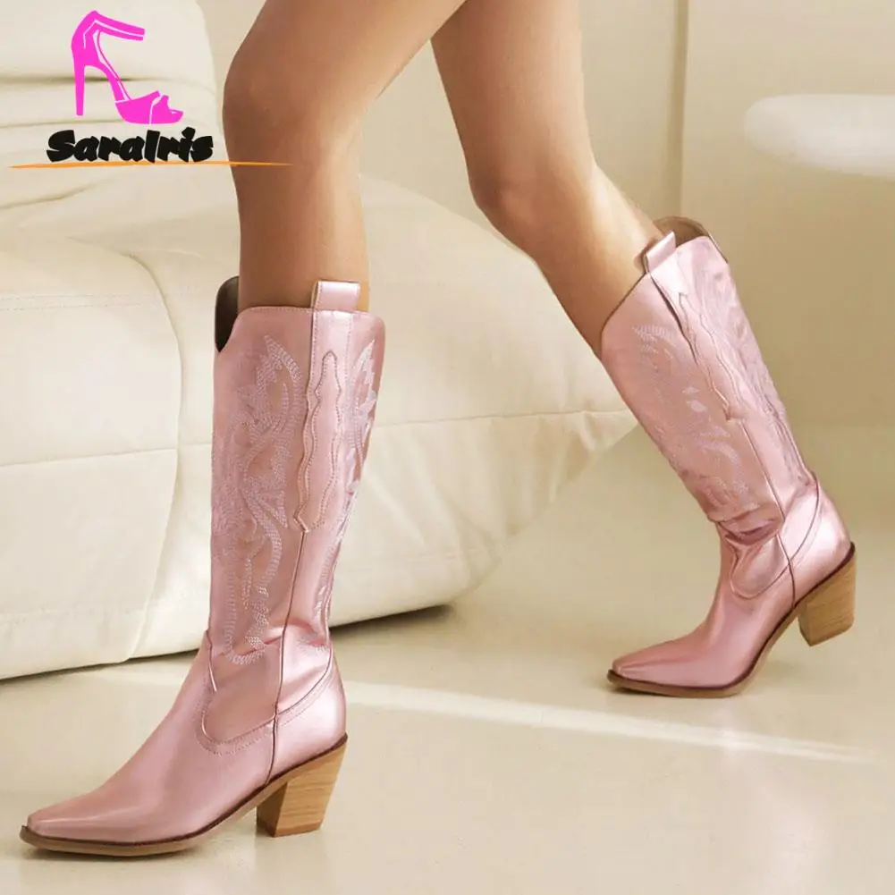 Western Vintage Style Metall Mid Calf Boots 2023 New Fashion Pointed Toe Western Boots High Quality Embroidery Lady Boots Winter