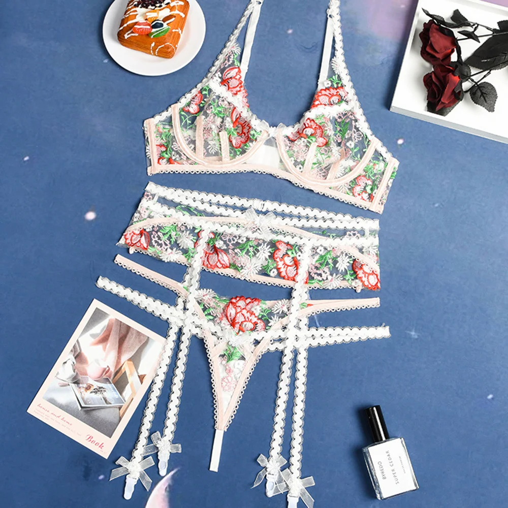 

Новое Женское нижнее белье, цветочное нижнее белье с вышивкой, чувственное женское нижнее белье, кружевной прозрачный комплект из трех предметов, сексуальные костюмы