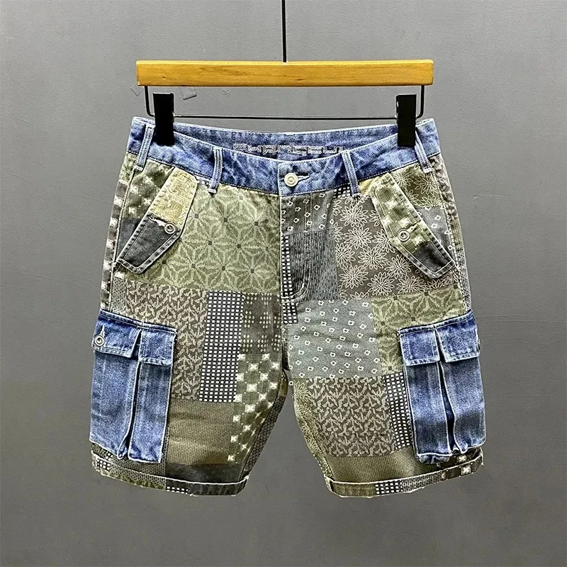 Summer New Cargo Denim Shorts Men's Irregular Splicing Printed Personality Tide Five Points Flower Pants Streetwear Jeans Hombre images - 6