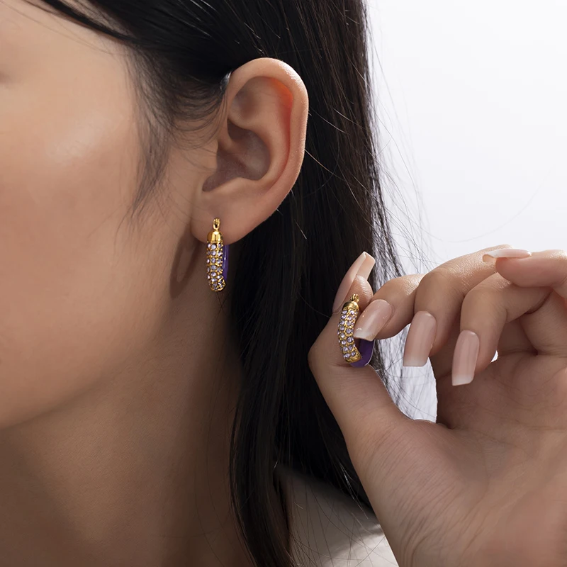 Фиолетовые эмали U-образные серьги-кольца со стразами и кристаллами для девочек