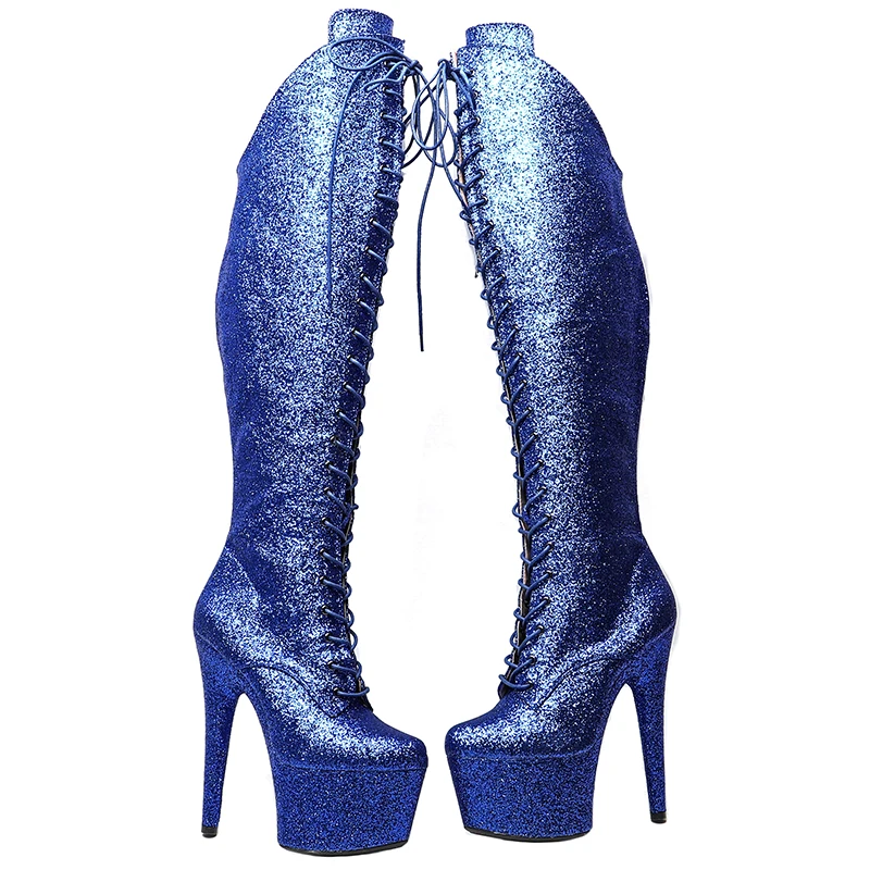 Leecabe 17CM/7inches Shiny Pole dancing shoes Chunky Platform High Boots Party Shoes  knee high boots 5B