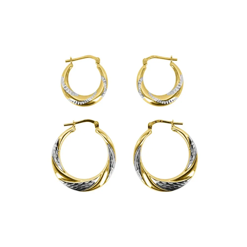 

Women`s 14K Gold Plated Sterling Silver 2Tone And Diamond Cut Swirl Hoops Earrings Set