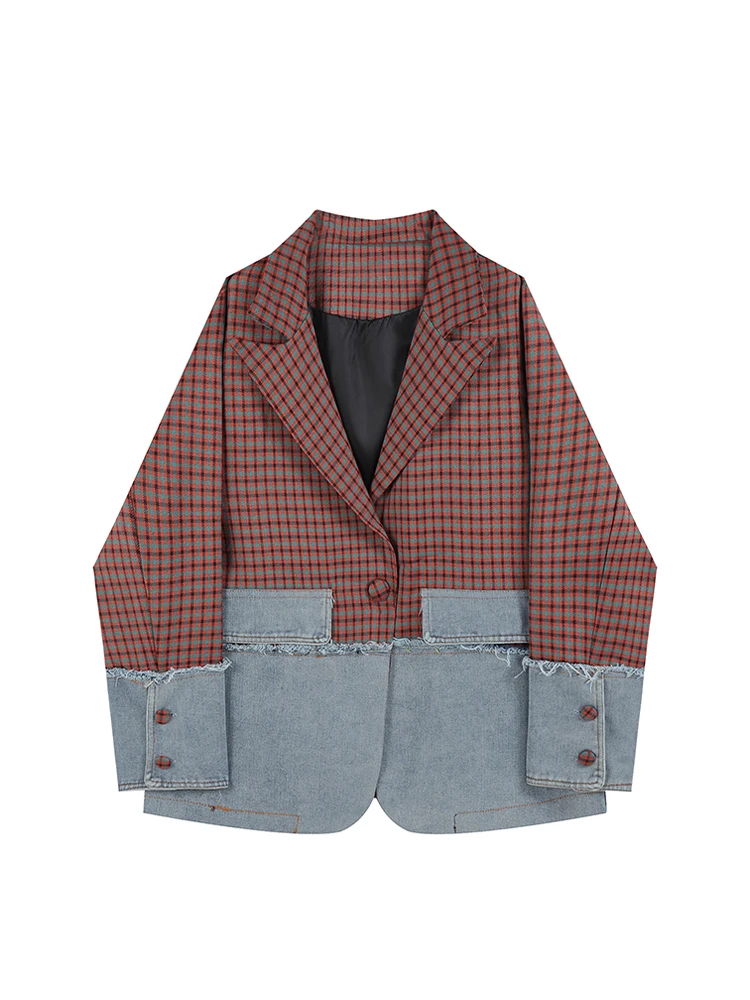 

2022 Women New Autumn Winter Turn-down Collar Plaid Patchwork Denim Suit Coat Tassel Long Sleeve Loose Casual Blazer Outerwear