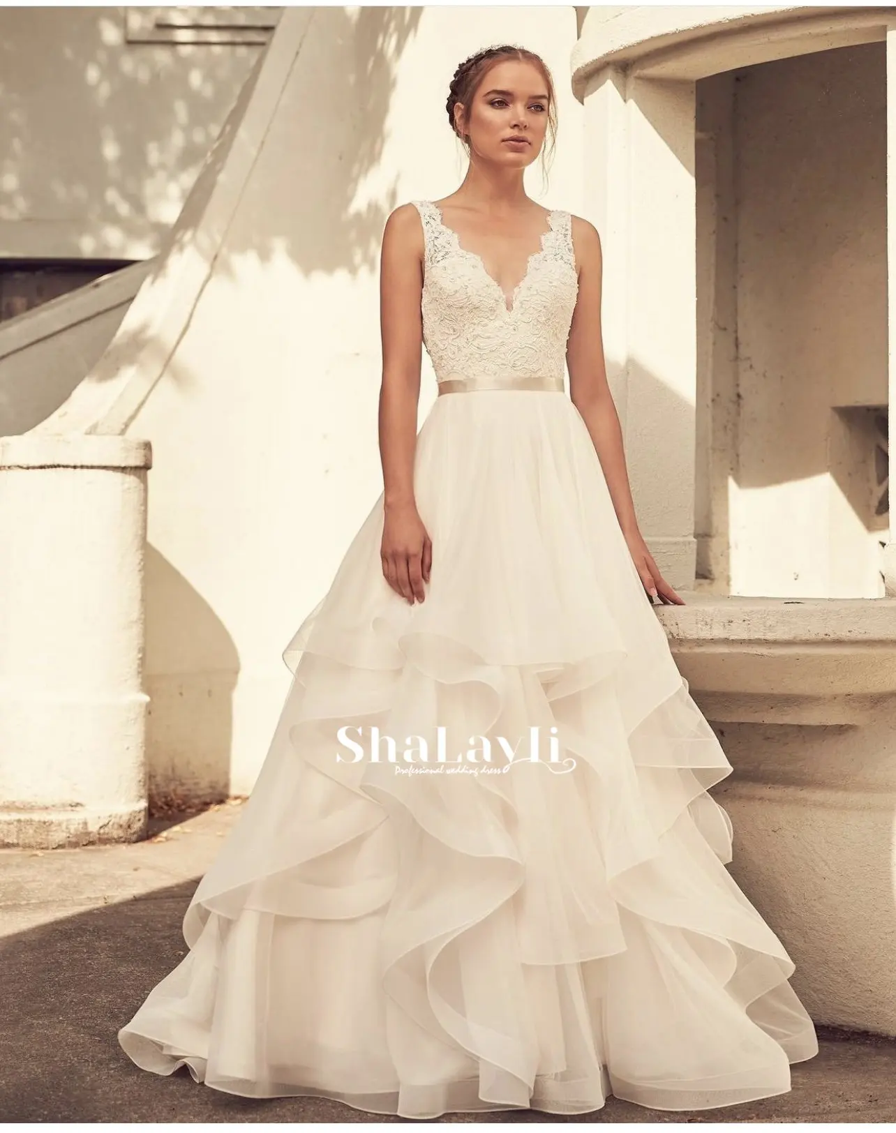 

Sexy Elegant Wedding Dress With Tulle And Boat Neck Tie Card Shoulder Strap High Slit Side Bridal Gown Large Size Customization