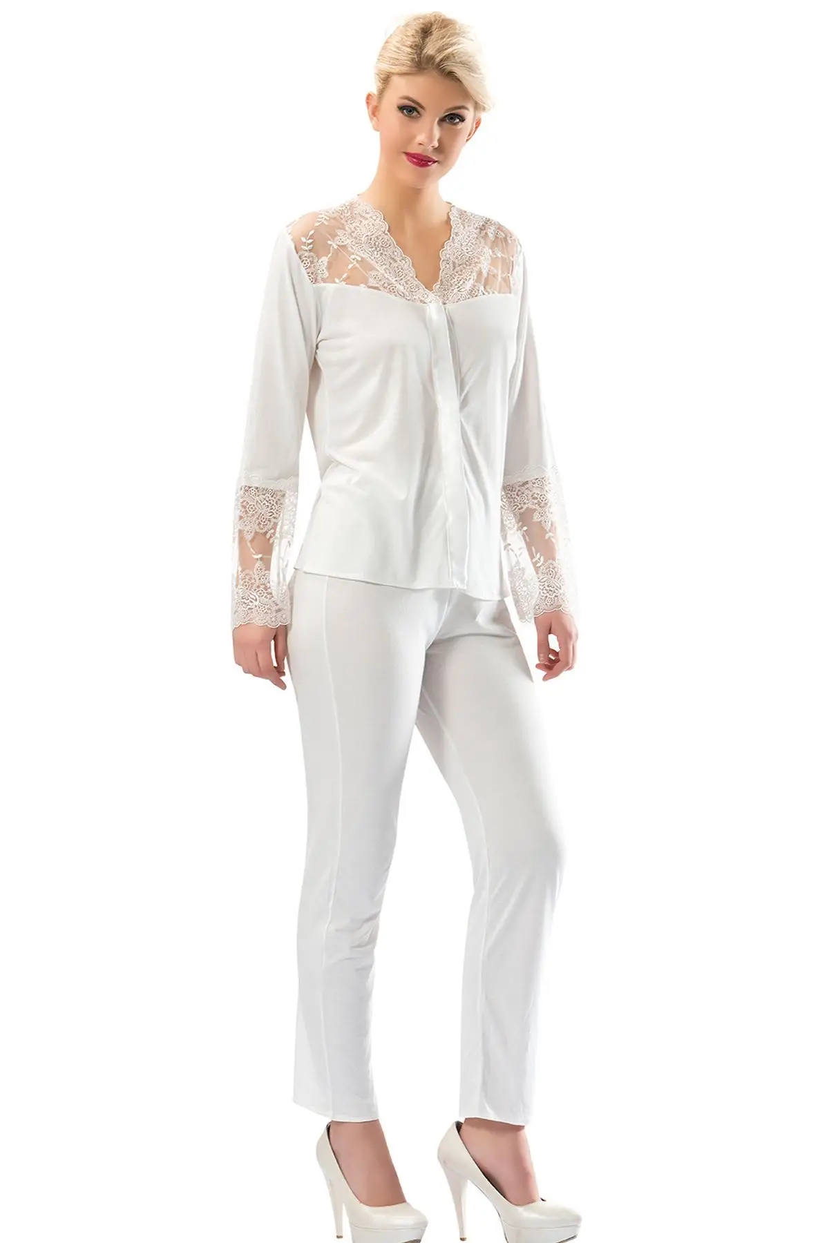 

Combed cotton Pajamas Suit women's home clothing long sleeve lace detail plus size casual cut elegant two pieces set