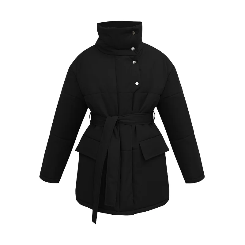 Button High Stand Collar Parkas 2022 American Women's Temperament Soft Warm Windproof Belt Cotton Padded Jacket Office Lady Coat