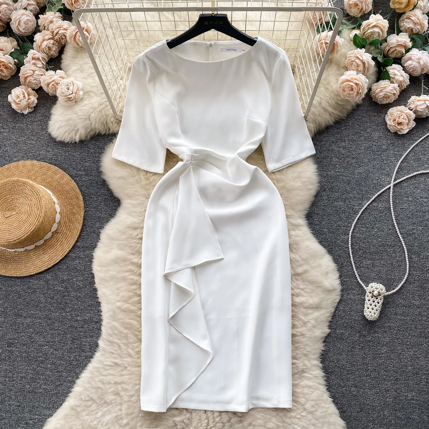 

Elegant Office Lady White Summer Dress 2023 Korean Fashion Women O Neck Short Sleeve High Waist Slim Ruffles Work Pencil Dress