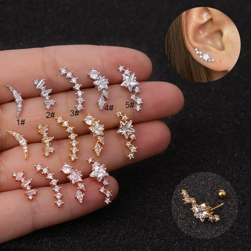 

Biliear 1 Piece Gold CZ Women Stud Earrings Jewelry Stainless Steel Spiral Cartilage Pierced Pentagram Crescent Shape Earrings