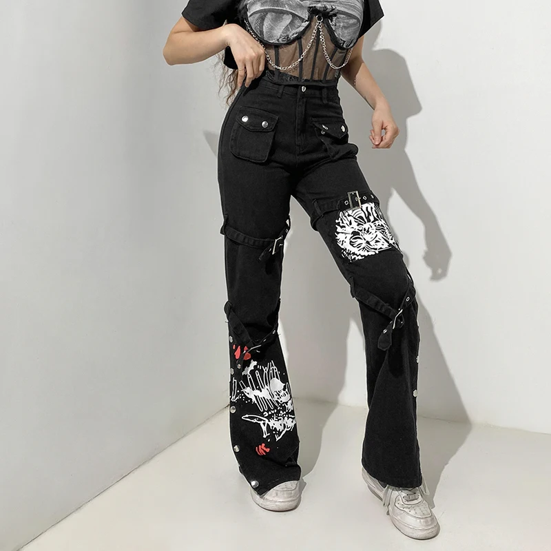 

2021 new Women Autumn Y2K Dark Punk Patchwork Black Cargo Jeans Printed Pants