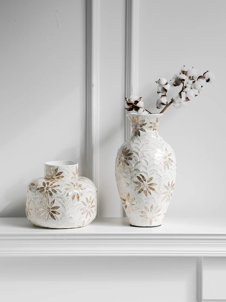 

Vintage Shell Vase Large Size Woodiness With French Cream Style for Living Room Entryway Desk Flower Arrangement Home Decoration