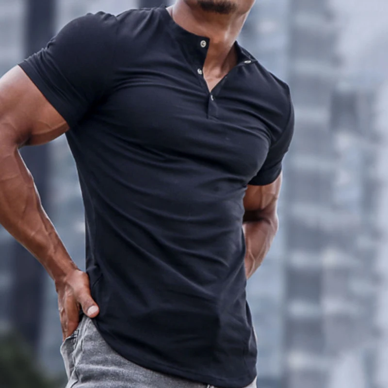 

Футболка мужская с круглым вырезом, однотонная приталенная рубашка с коротким рукавом, на пуговицах, повседневный Свободный пуловер, уличн...