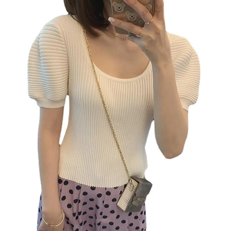 

Women Solid Color Short Sleeve Crop Top T-Shirts Puff Sleeve U-Neck Tshirt Knitted Bottoming Shirt 57BD