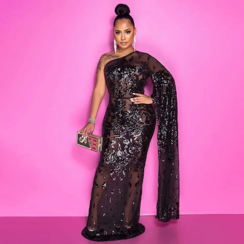 

Женвечерние вечернее платье с одним открытым плечом и блестками