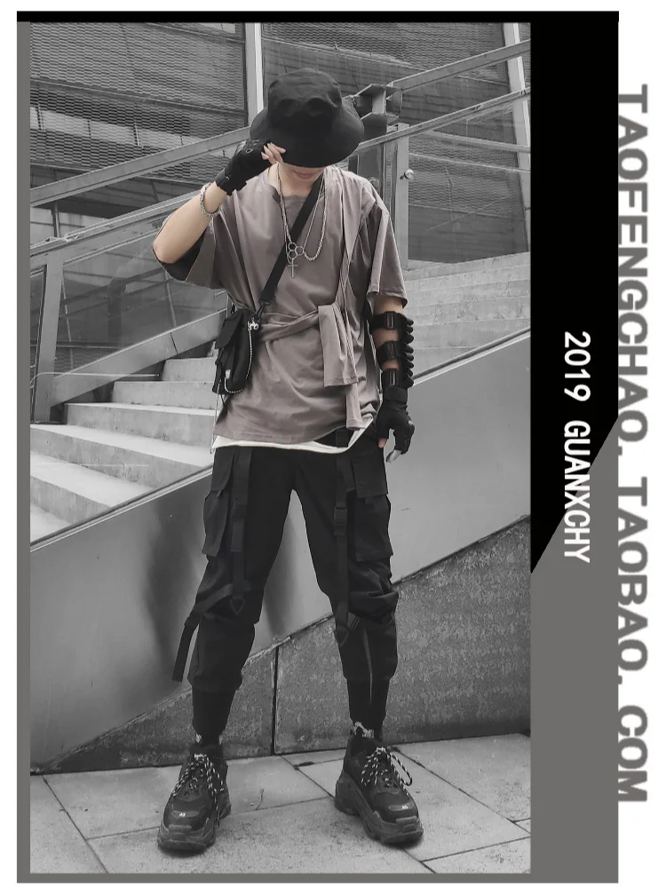 Harajuku Уличная одежда Techwear Мужская Бегуны Брюки-карго для мужчин Модные ленты