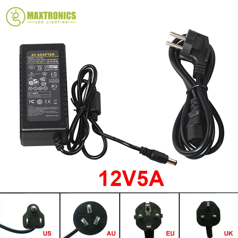 

Best quality 12V 5A 60W (US/EU/AU/UK Plug) AC 110~240V To DC 12V 5A CCTV Power Supply Adapter for Led Strip Light Free shipping