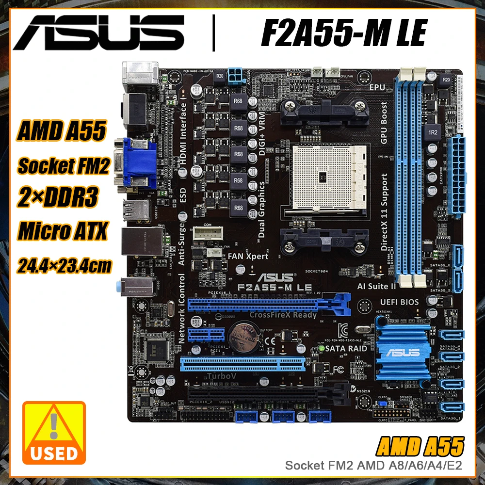 Материнская плата ASUS F2A55-M LE Использует чипсет AMD A55 FCH разъем FM2 поддерживает