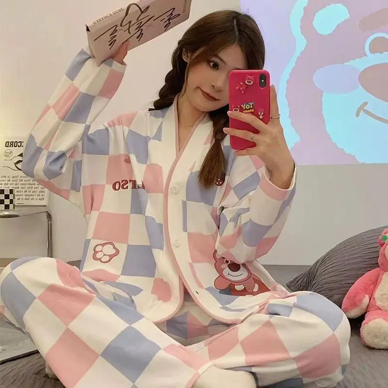 Harajuku Women Roomwear Cartoon Big Eyes Printed Pajamas Set for Young Ladies Girls Homesuit Paryty Cozy Long Sleeves Autumn Pjs