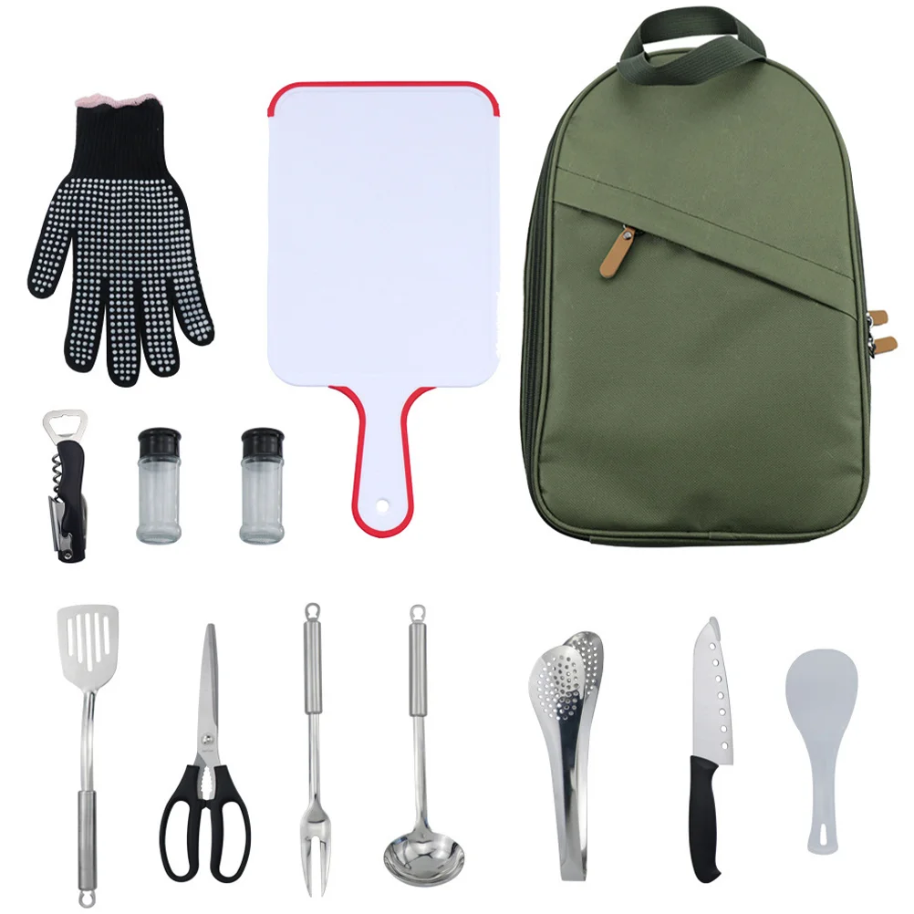 

1 Set of Portable Picnic Tableware Camping Utensils with Storage Bag (Olive Green)