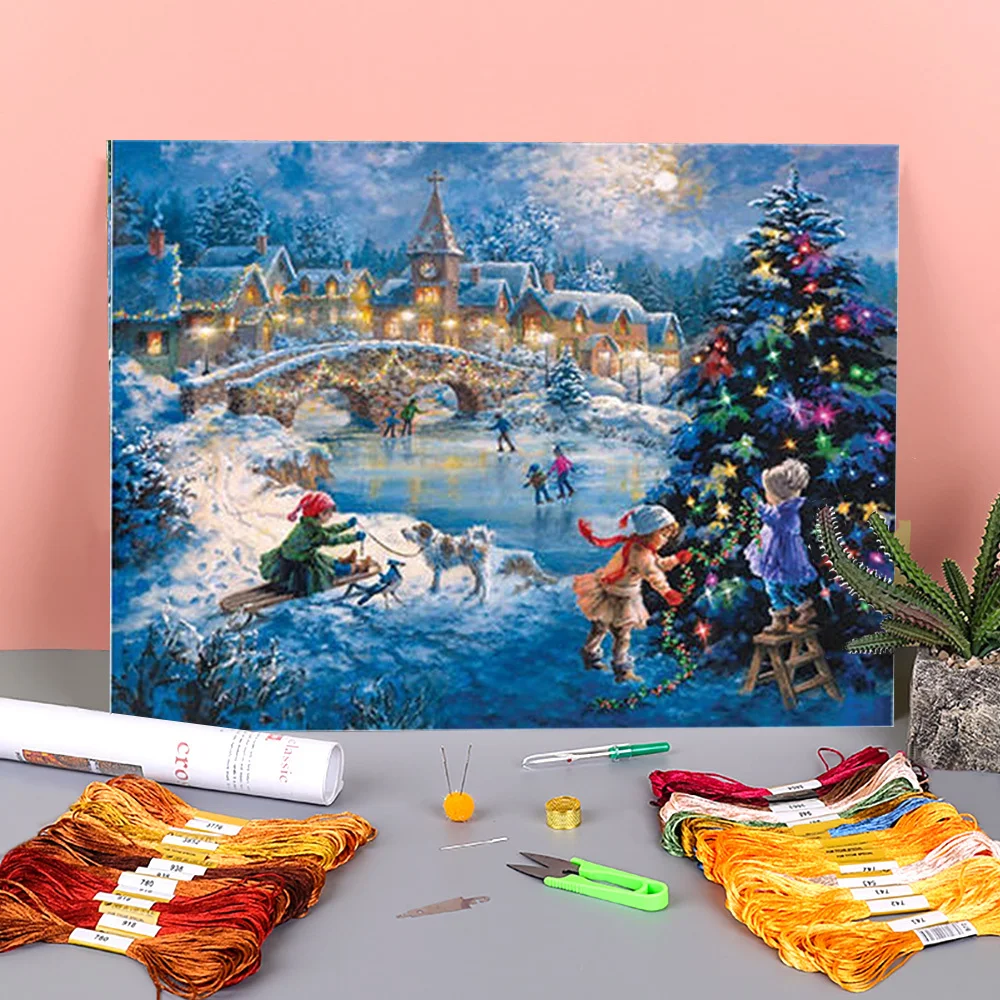 

Landscape Winter Snow Scenery Printed Fabric 11CT Cross-Stitch DIY Embroidery Patterns DMC Threads Hobby Handicraft Package