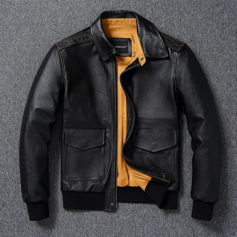 

Cowhide Leather Coat Men'S Jackets Baseball Bat Slim Stand Collar Short Motorcycle Clothes Erkek KışLıK Mont Jaqueta Black Brown