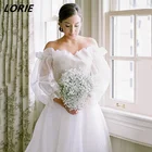 Модное шифоновое свадебное платье LORIE с открытыми плечами, длинными рукавами-фонариками и открытой спиной, платье невесты со складками и рюшами