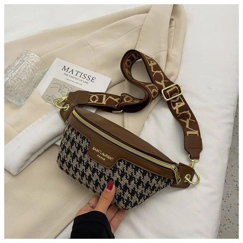 

Houndstooth Plaid Women Waist Bag Canvas and PU Waist Pack Female Fanny Pack Ladies Wide Strap Crossbody Chest Bag Trended Brand