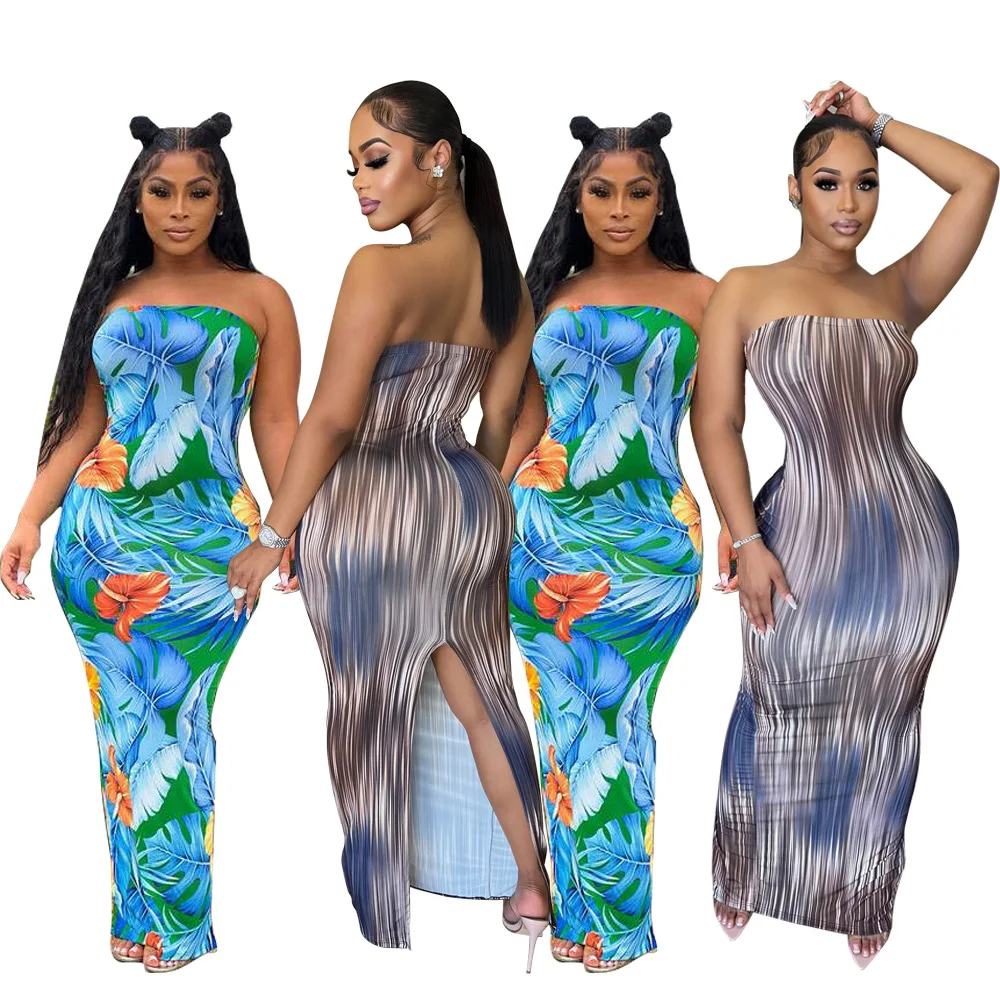 

Spring and summer new sexy fashion printing slit wrapped breast dress one step skirt dresses for women bodycon dress