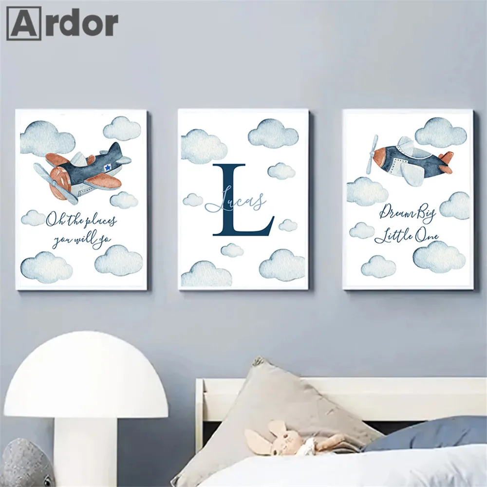 

Cartoon Airplane Canvas Painting Custom Name Art Poster Nursery Print Blue Clouds Posters Nordic Wall Pictures Boys Room Decor