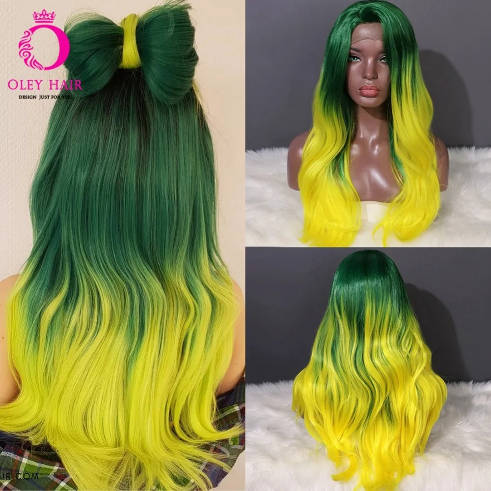 Green Yellow Ombre Body Wave Synthetic Lace Front Wig High Density Heat Resistant Glueless Cosplay Wigs For Black Women Oley